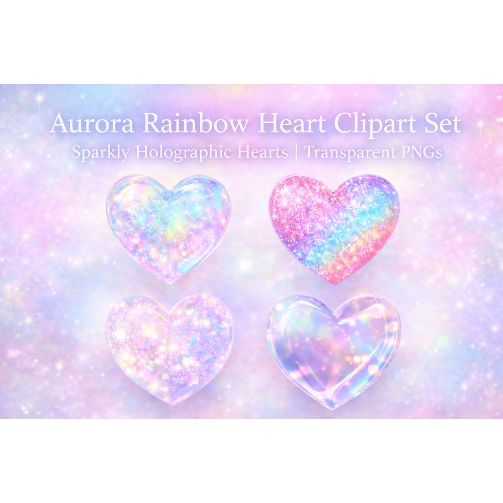 【ハート素材】オーロラレインボー ハート素材 4点セット｜キラキラ・ホログラム・透明感｜PNG透過 デジタル素材