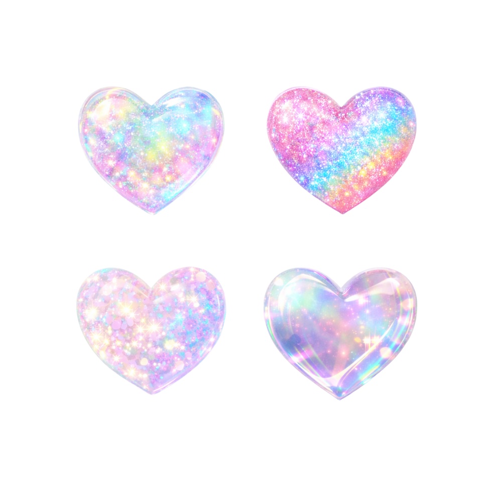 【ハート素材】オーロラレインボー ハート素材 4点セット|キラキラ・ホログラム・透明感|PNG透過 デジタル素材