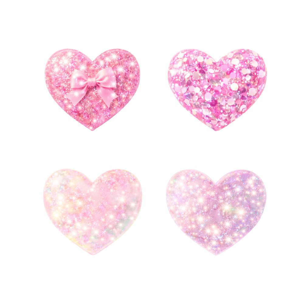【ハート素材】きらきらグリッターハート 4点セット|透過PNG|ピンク・オーロラ・リボン|透明感・ガーリー素材 PNG