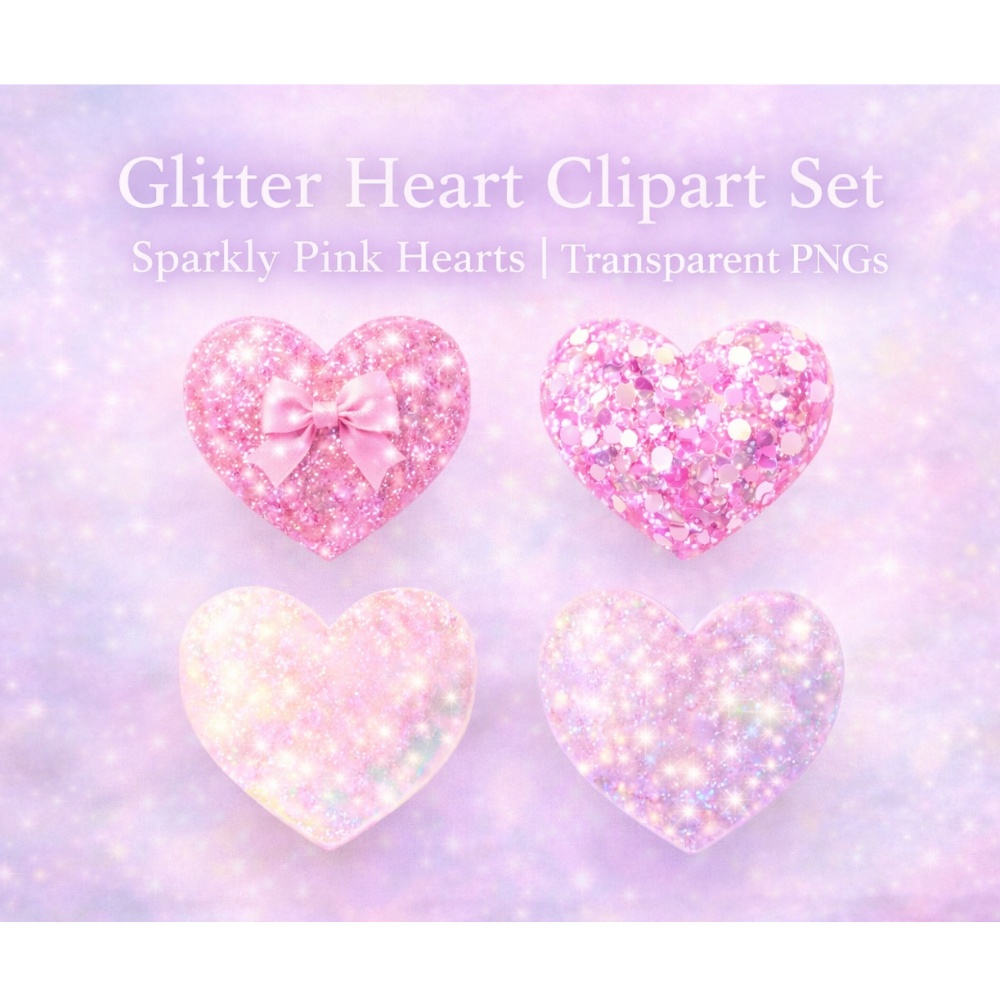 【ハート素材】きらきらグリッターハート 4点セット｜透過PNG｜ピンク・オーロラ・リボン｜透明感・ガーリー素材 PNG