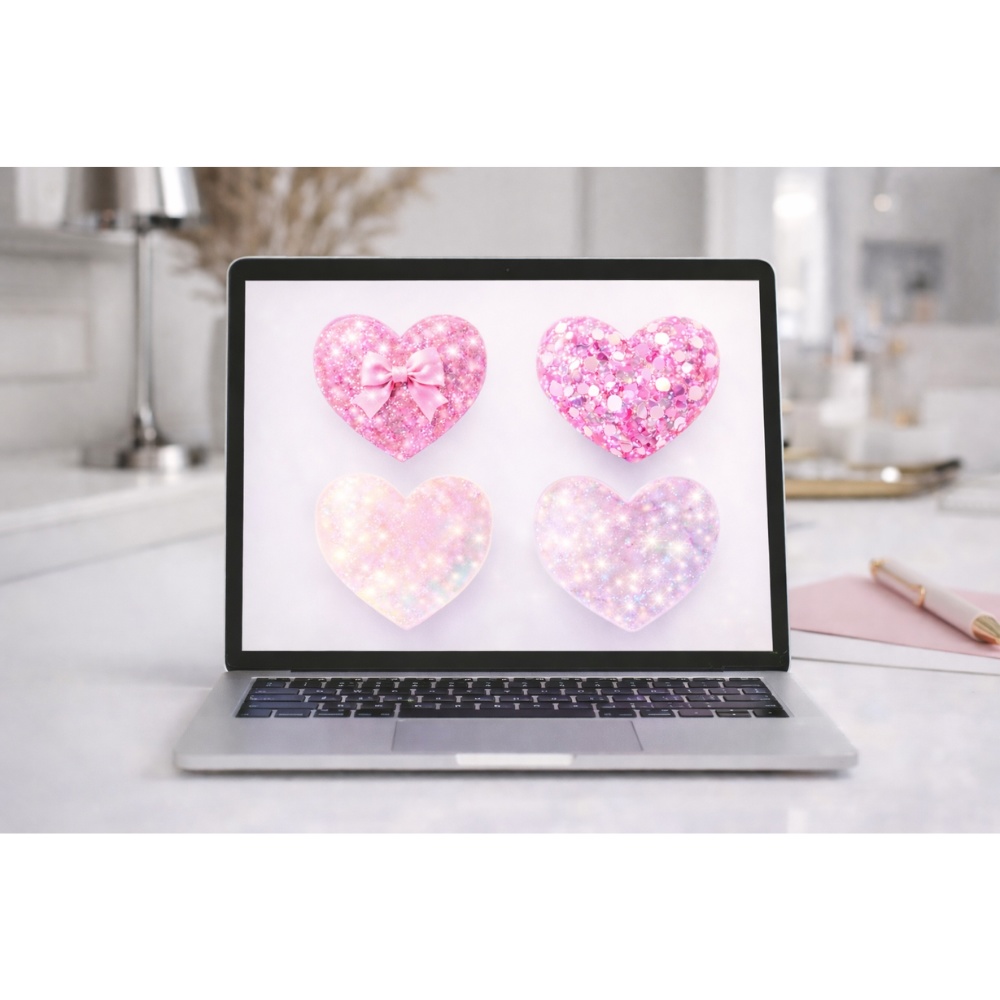 【ハート素材】きらきらグリッターハート 4点セット|透過PNG|ピンク・オーロラ・リボン|透明感・ガーリー素材 PNG