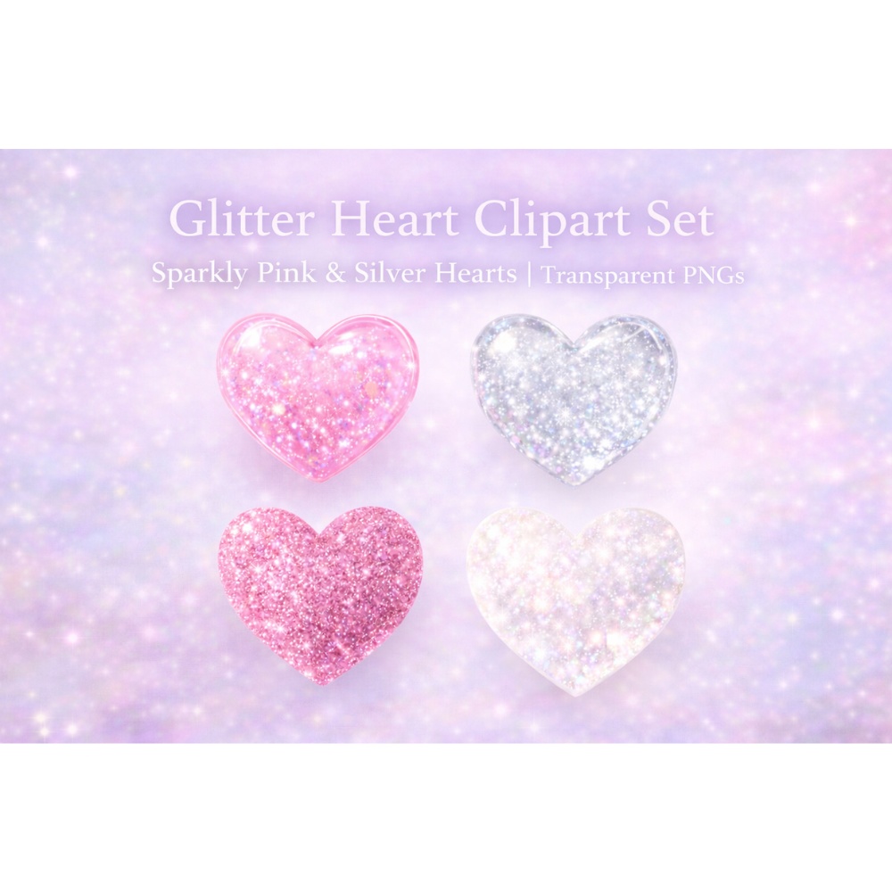 【ハート素材】キラキラグリッターハート4点セット｜透過PNG｜ピンク・シルバー・透明感｜高品質PNG・商用利用OK