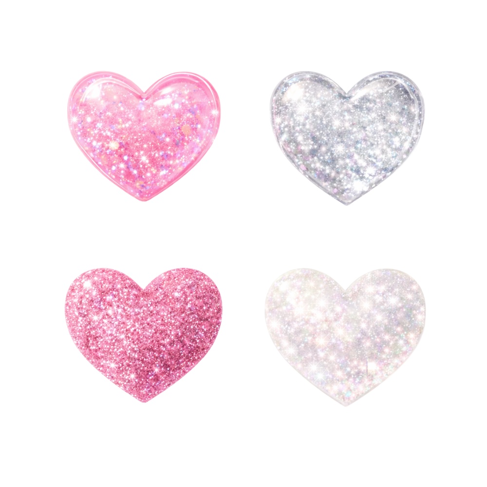 【ハート素材】キラキラグリッターハート4点セット|透過PNG|ピンク・シルバー・透明感|高品質PNG・商用利用OK