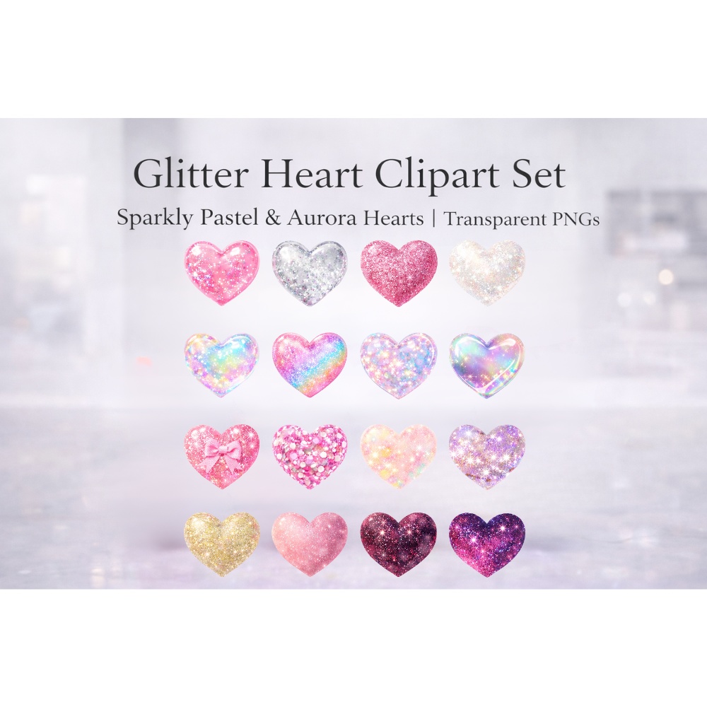 【ハート素材】キラキラグリッターハート16点セット｜透過PNG｜オーロラ・パステル・ラメ・宝石風｜アイコン・デザイン素材