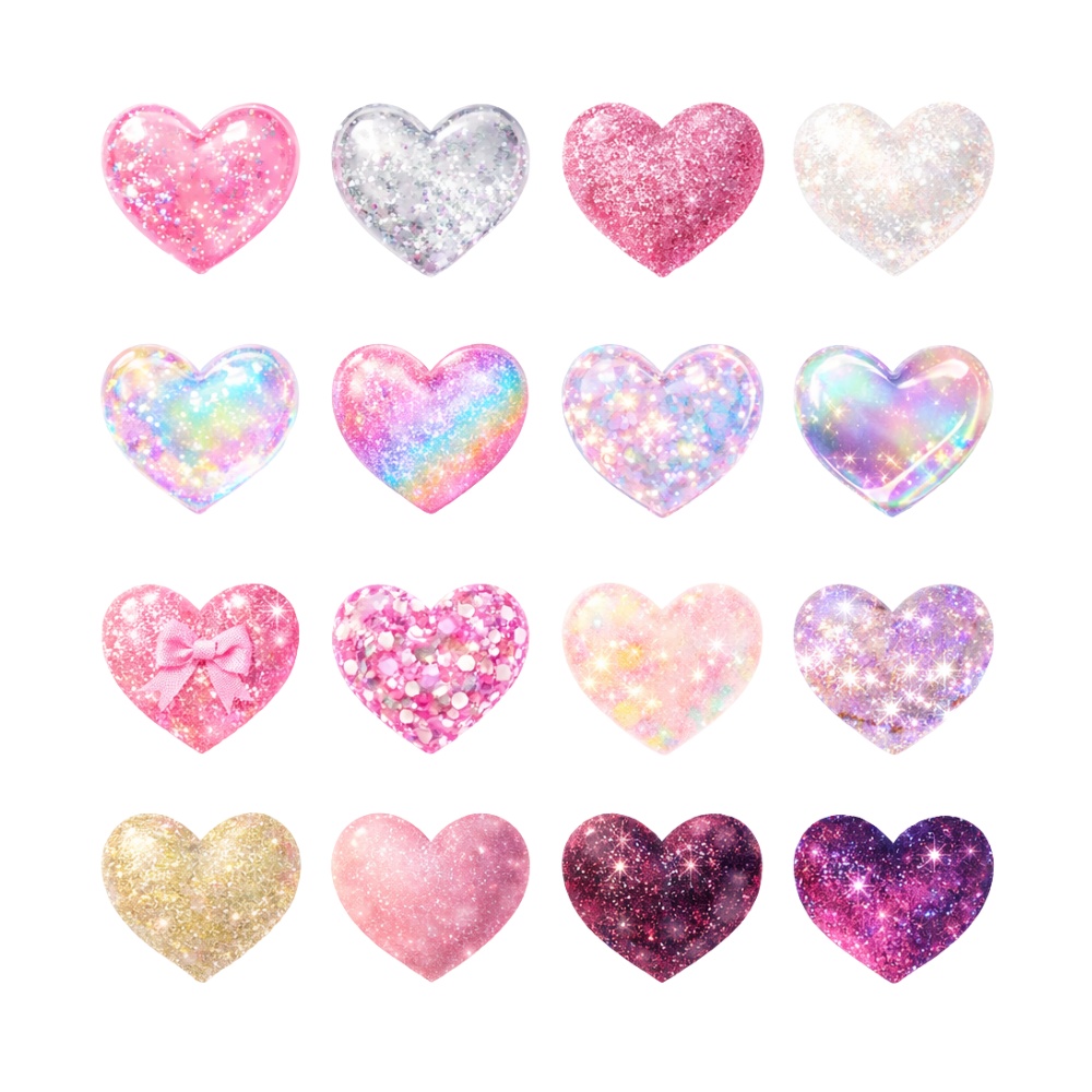 【ハート素材】キラキラグリッターハート16点セット|透過PNG|オーロラ・パステル・ラメ・宝石風|アイコン・デザイン素材