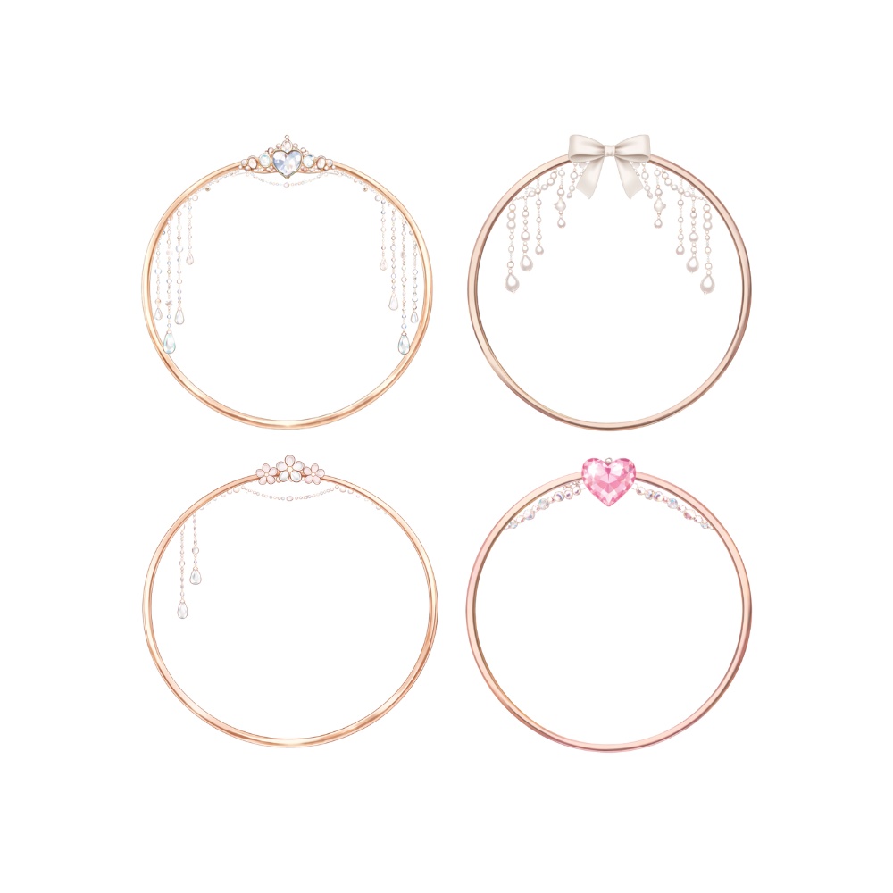 【アイコンリング】プリンセスジュエリー アイコンリング 4点セット|ピンクゴールド・リボン・ハート・パール|上品ガーリー 透過PNG