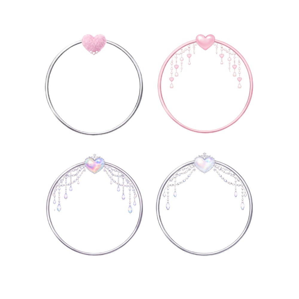 【アイコンリング】ハートプリンセス アイコンリング 4点セット|ピンク・シルバー・オーロラ|パール&ジュエリー風 透過PNG