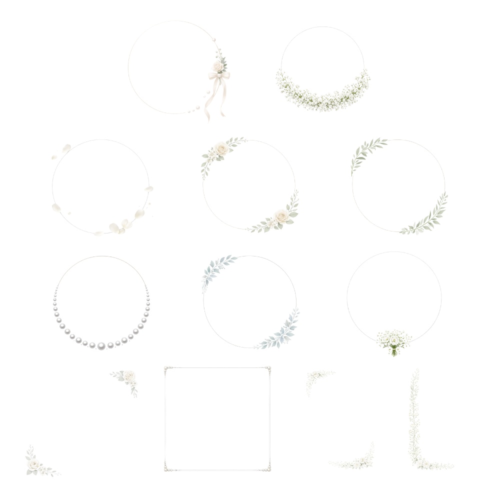 【ブライダルフレーム12点セット】上品フラワー&パール|結婚式・招待状・ウェルカムスペース用PNG素材