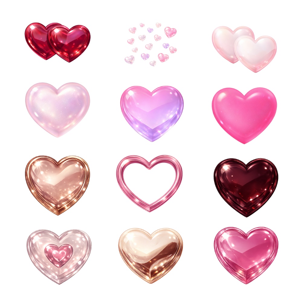 【背景透過PNG】ラグジュアリー クリスタルハート素材 12点セット|バレンタイン・ブライダル・アイコン装飾用