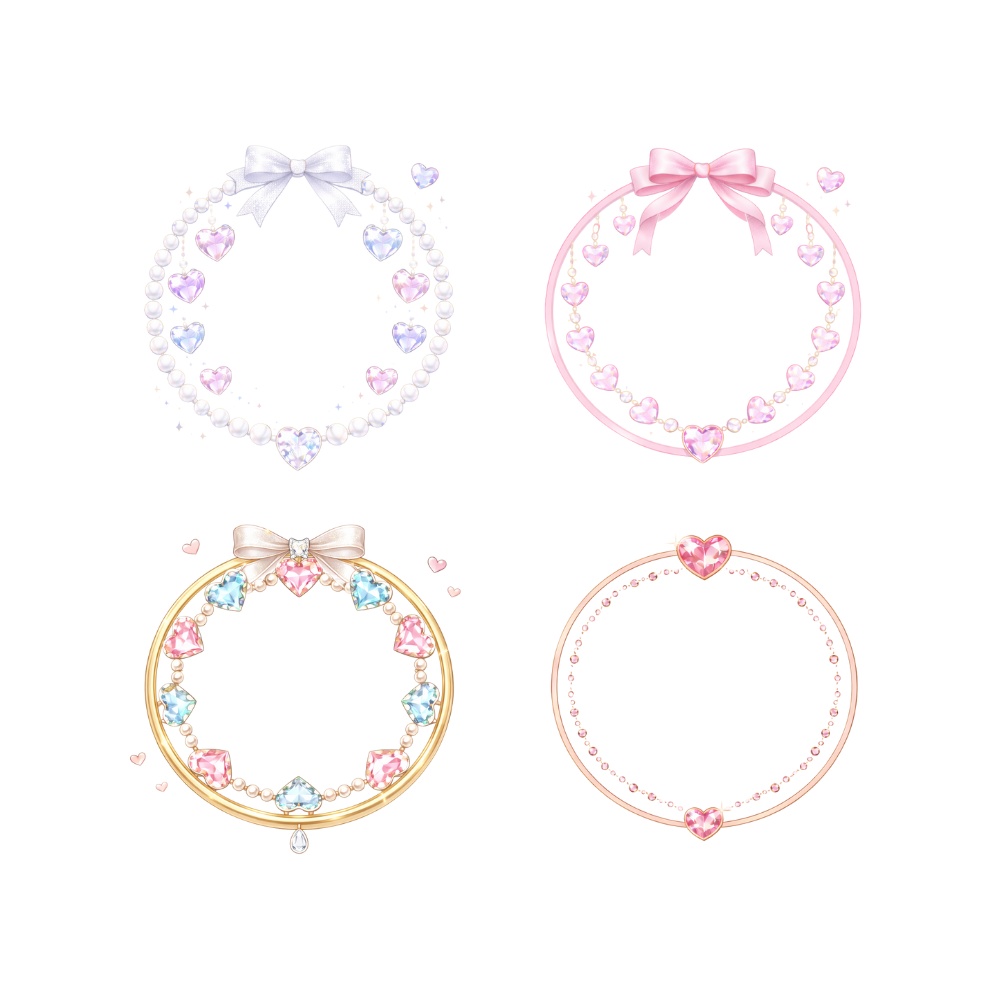 【アイコンリング】ハートジュエル×パール プリンセスアイコンリング 4点セット|リボン・宝石・上品ガーリー|透過PNG