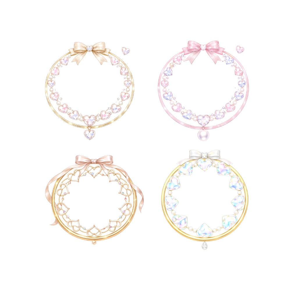 【アイコンリング】ハートジュエル&リボン プリンセスアイコンリング 4点セット|パール・宝石・上品ガーリー|透過PNG