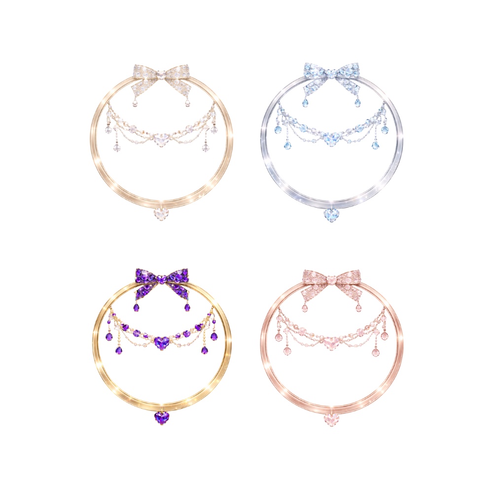 【アイコンリング】リボン×シャンデリア ハートジュエルアイコンリング 4点セット|カラーバリエーション・上品プリンセス|透過PNG