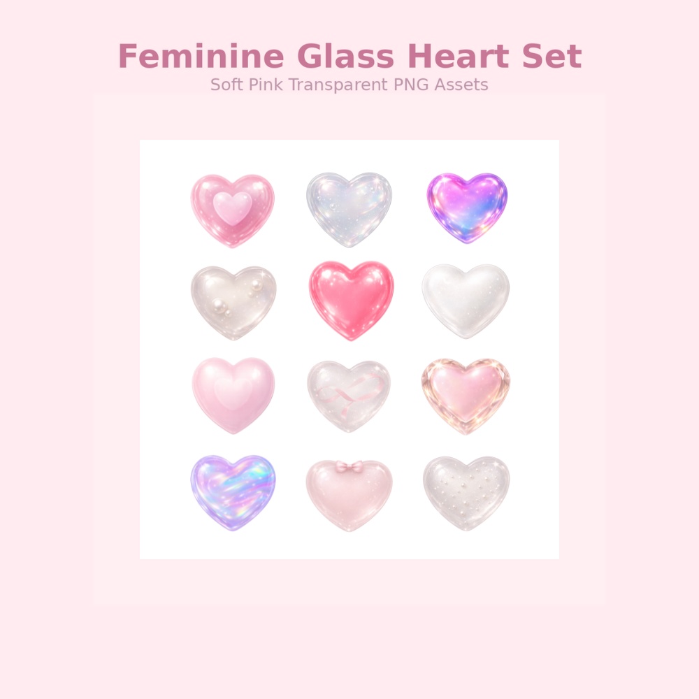 【ハート素材】きらめくゼリー&ガラス風ハート 12点セット|透過PNG|アイコン・配信・装飾用