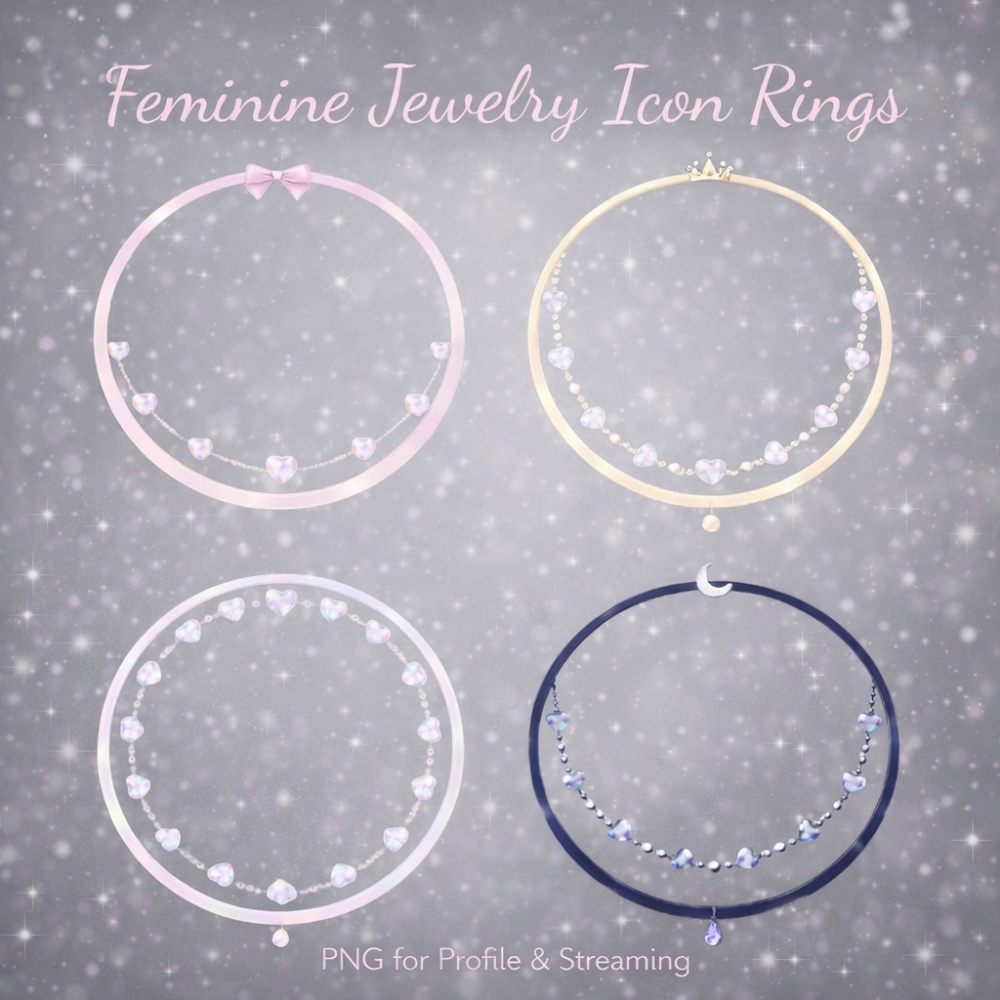 【アイコンリング】フェミニンジュエリー・ハート&クラウン 4点セット|透明感ガラス・パール風|配信・SNSアイコン用