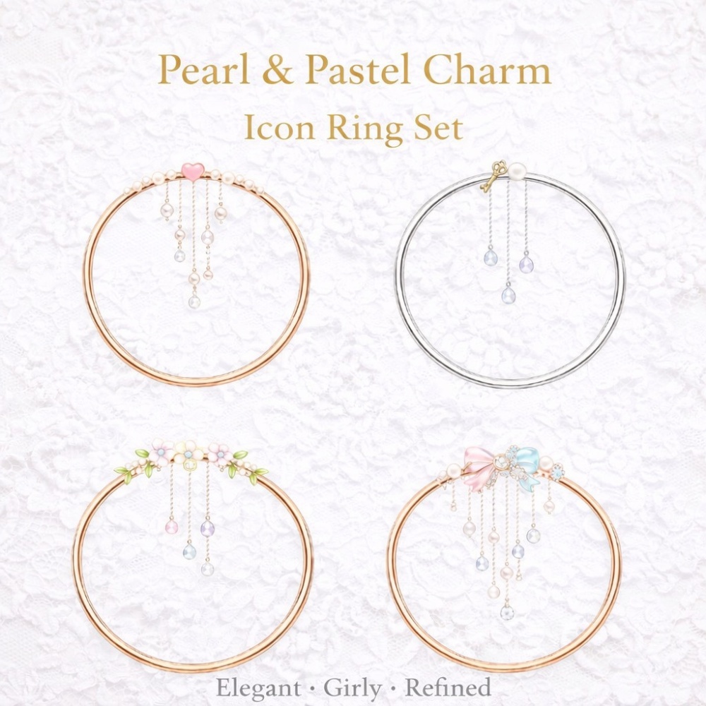 【アイコンリング】パール＆パステルチャーム アイコンリング4点セット｜上品ガーリー・透明感
