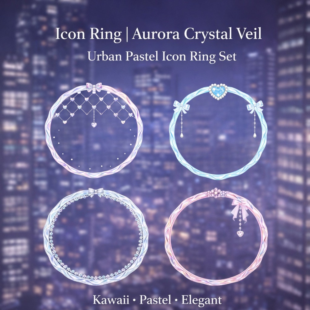 【アイコンリング】Aurora Crystal Veil|都会的パステル・上品アイコンリング4点セット