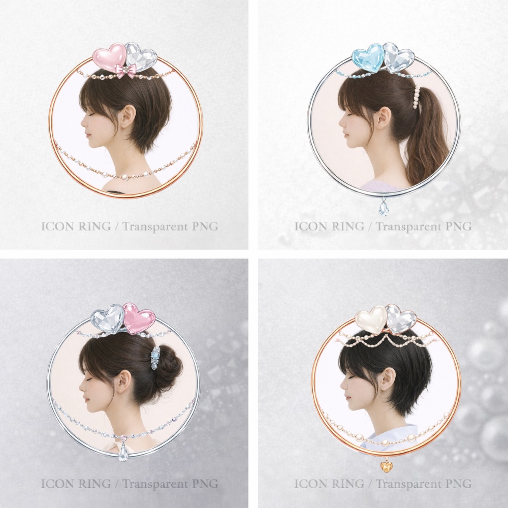 【アイコンリング】ガラスハート×ツインハート 4点セット|上品ペアデザイン|透過PNG。
