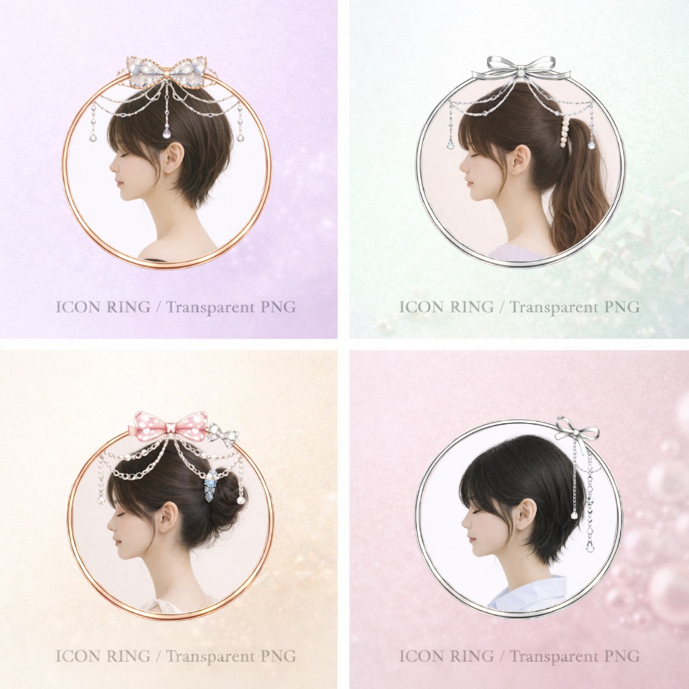 【アイコンリング】リボン×パール 華奢アイコンリング4点セット|透過PNG。