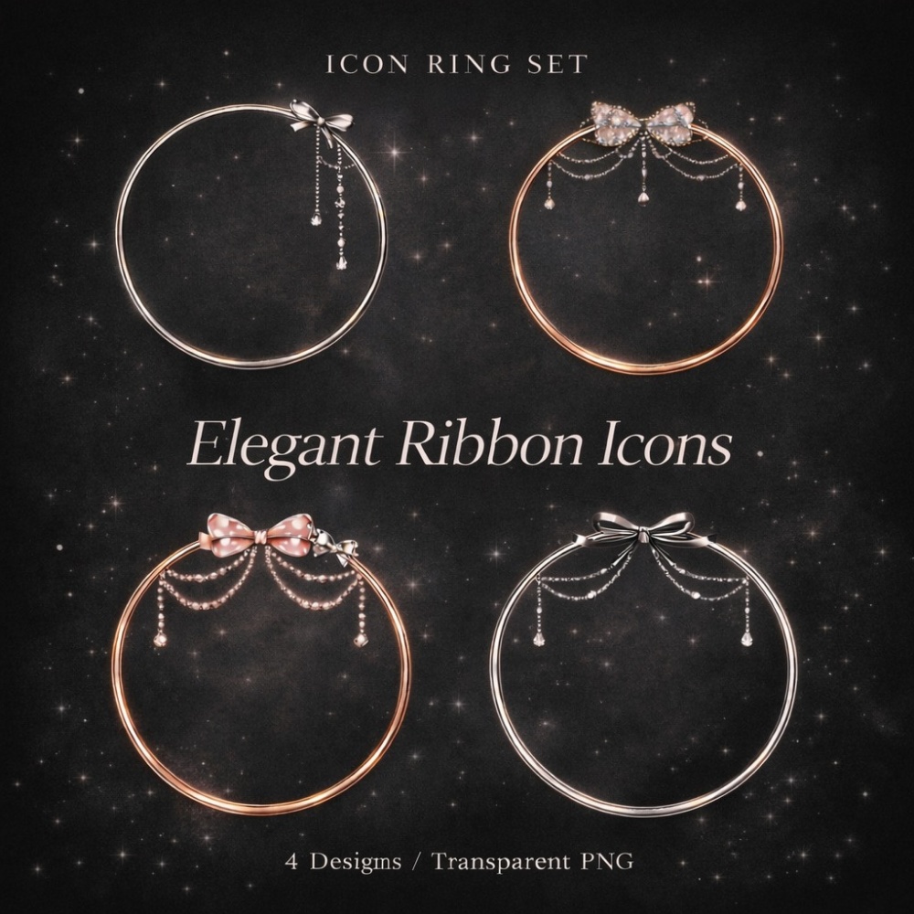 【アイコンリング】リボン×パール 華奢アイコンリング4点セット｜透過PNG。