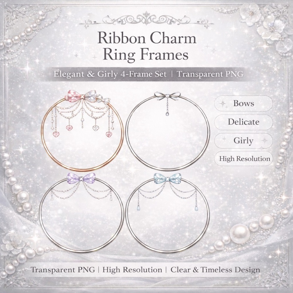 【アイコンリング】リボン×チェーン 上品ガーリー4点セット｜透過PNG