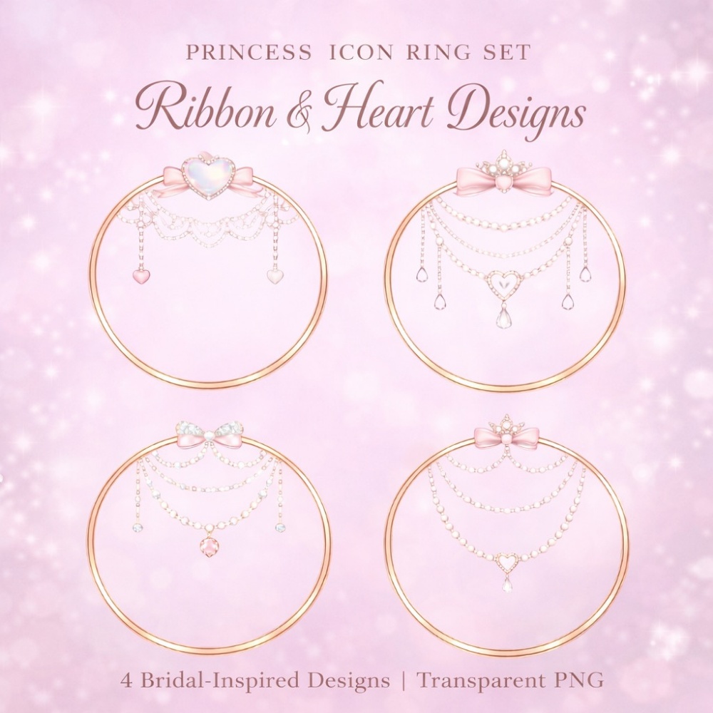 【アイコンリング】リボン＆ハート姫系セット｜上品ブライダルデザイン4点｜透過PNG