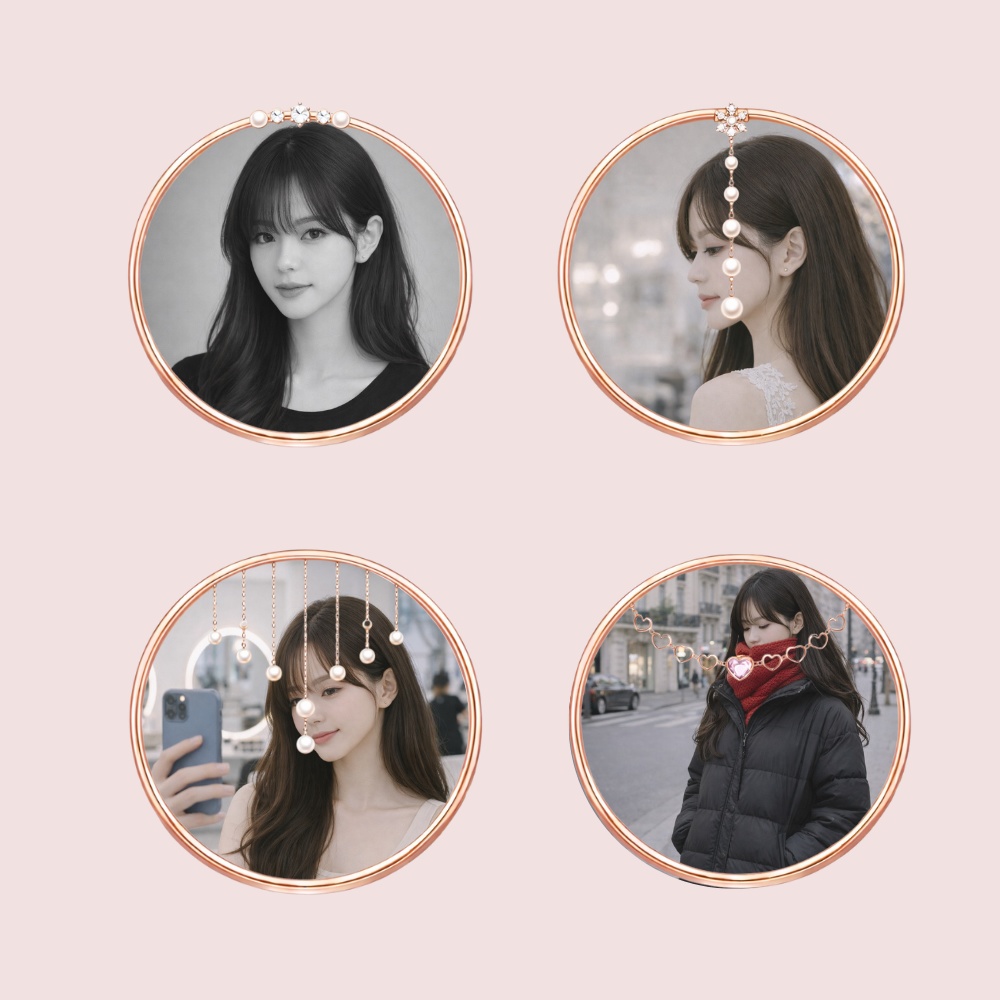 【アイコンリング】ローズゴールド パール&ハートチャーム4点セット|上品デザイン|透過PNG