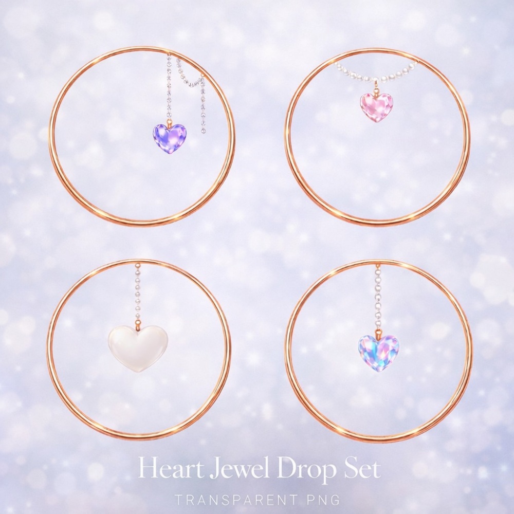 【アイコンリング】ハート宝石ドロップ4点セット｜透明感ジュエリー｜透過PNG