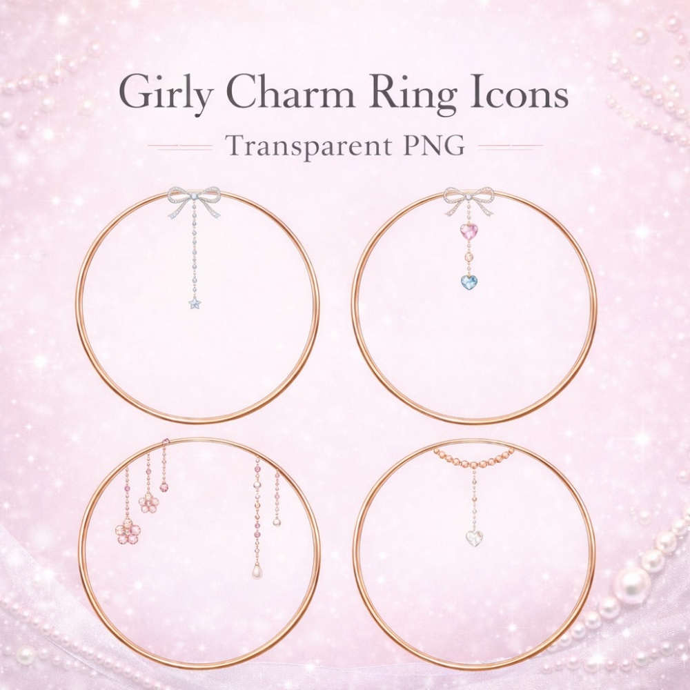 【アイコンリング】リボン×縦垂れチャーム 上品ガーリー4点セット｜透過PNG