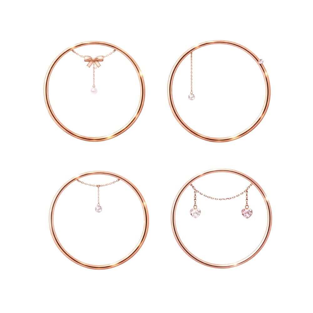 【アイコンリング】ローズゴールド上品ドロップ4点セット|繊細リボン&ハート装飾|透過PNG
