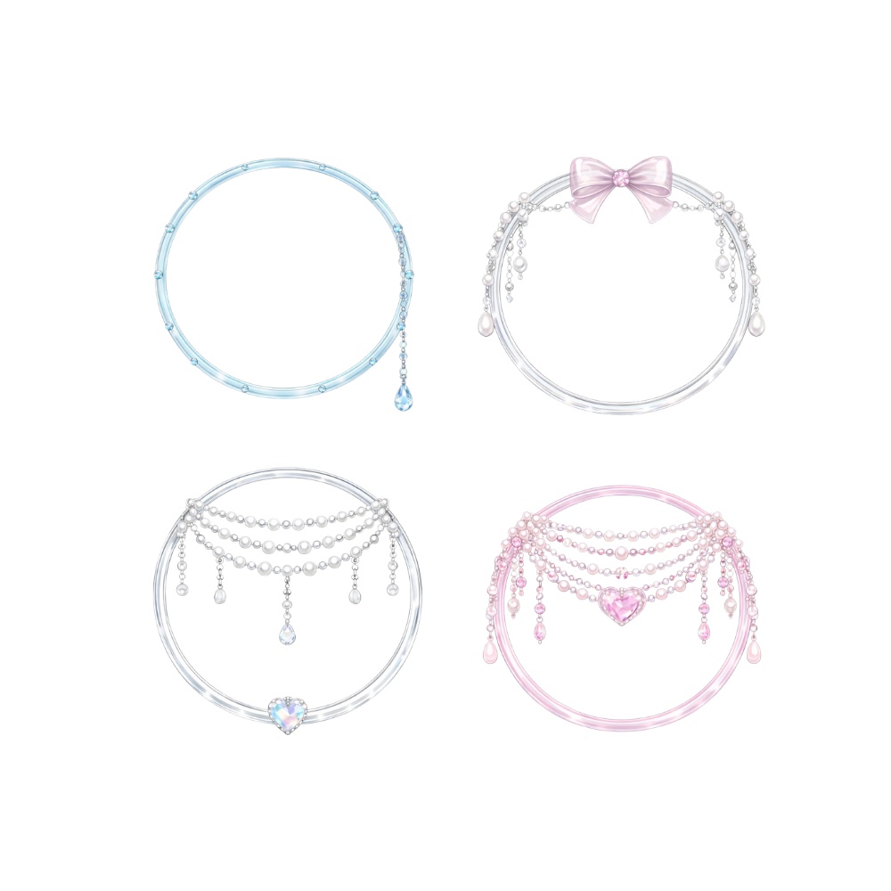 【アイコンリング】ガラス×パール姫デコ4点セット|うるちゅる宝石デザイン|透過PNG。