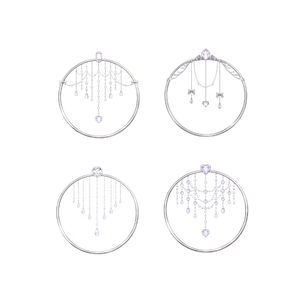 【アイコンリング】シルバーシャンデリア装飾4点セット 透過PNG。雫ビジュー揺れデザイン