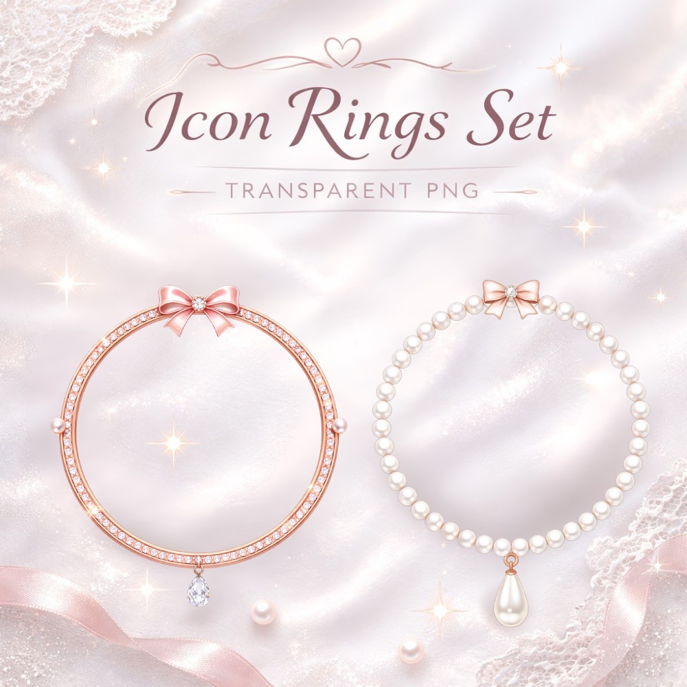 【アイコンリング】ローズゴールド&パール上品フレーム2点セット 透過PNG。リボン&雫ビジュー