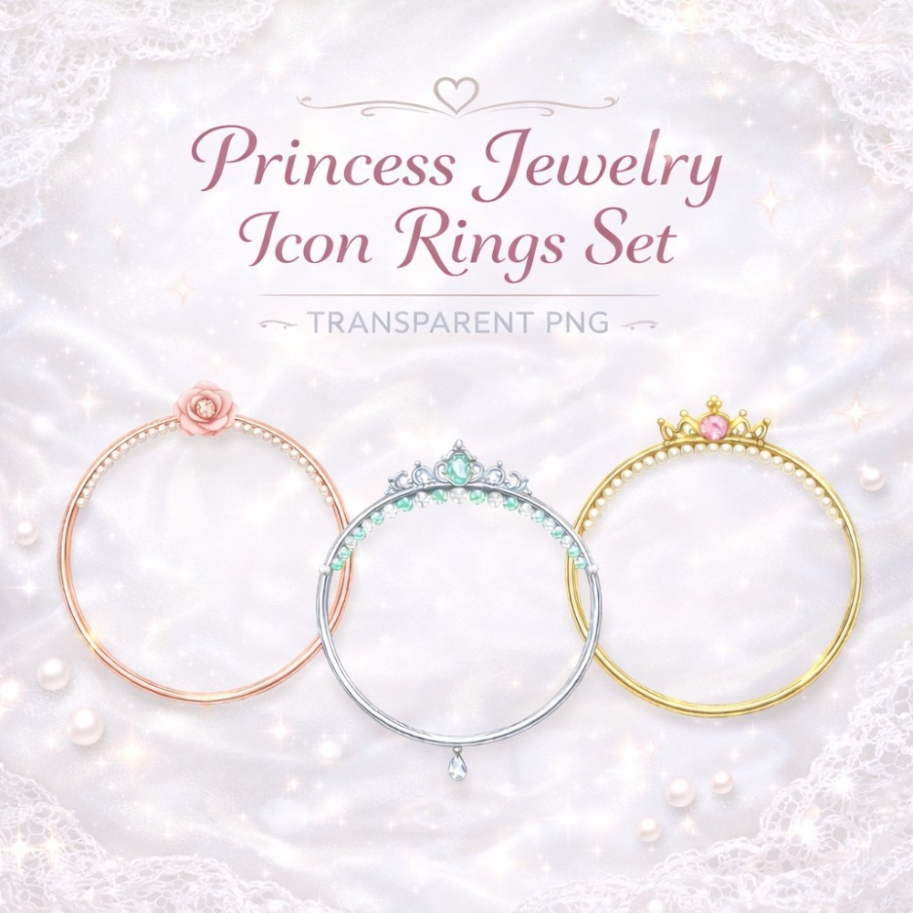 【アイコンリング】プリンセスジュエリーリング3点セット 透過PNG。花＆ティアラフレーム