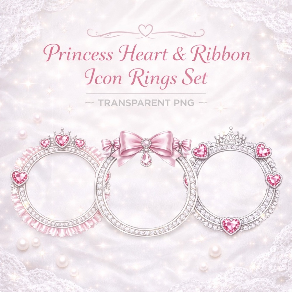 【アイコンリング】ピンクハート&リボン姫リング3点セット 透過PNG。ティアラジュエリーフレーム