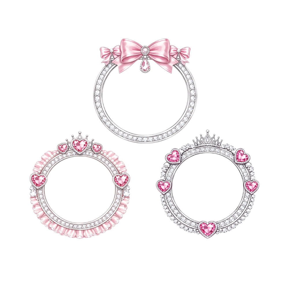 【アイコンリング】ピンクハート&リボン姫リング3点セット 透過PNG。ティアラジュエリーフレーム