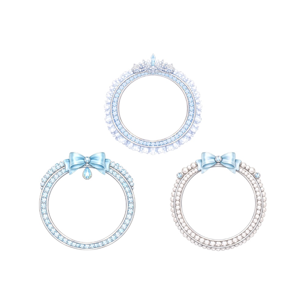 【アイコンリング】アイスブループリンセスリング3点セット 透過PNG。リボン&ティアラフレーム
