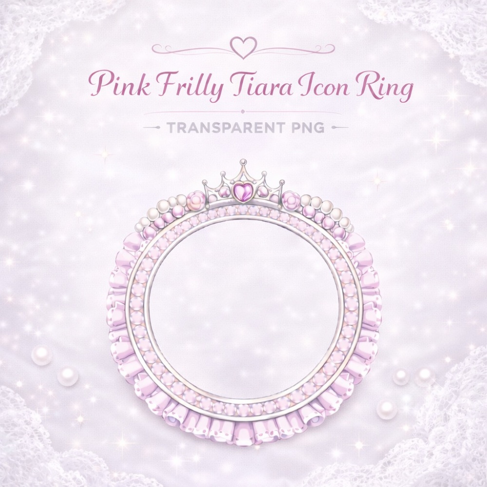 【アイコンリング】ピンクフリルティアラ姫リング 透過PNG。ハートジュエリーフレーム