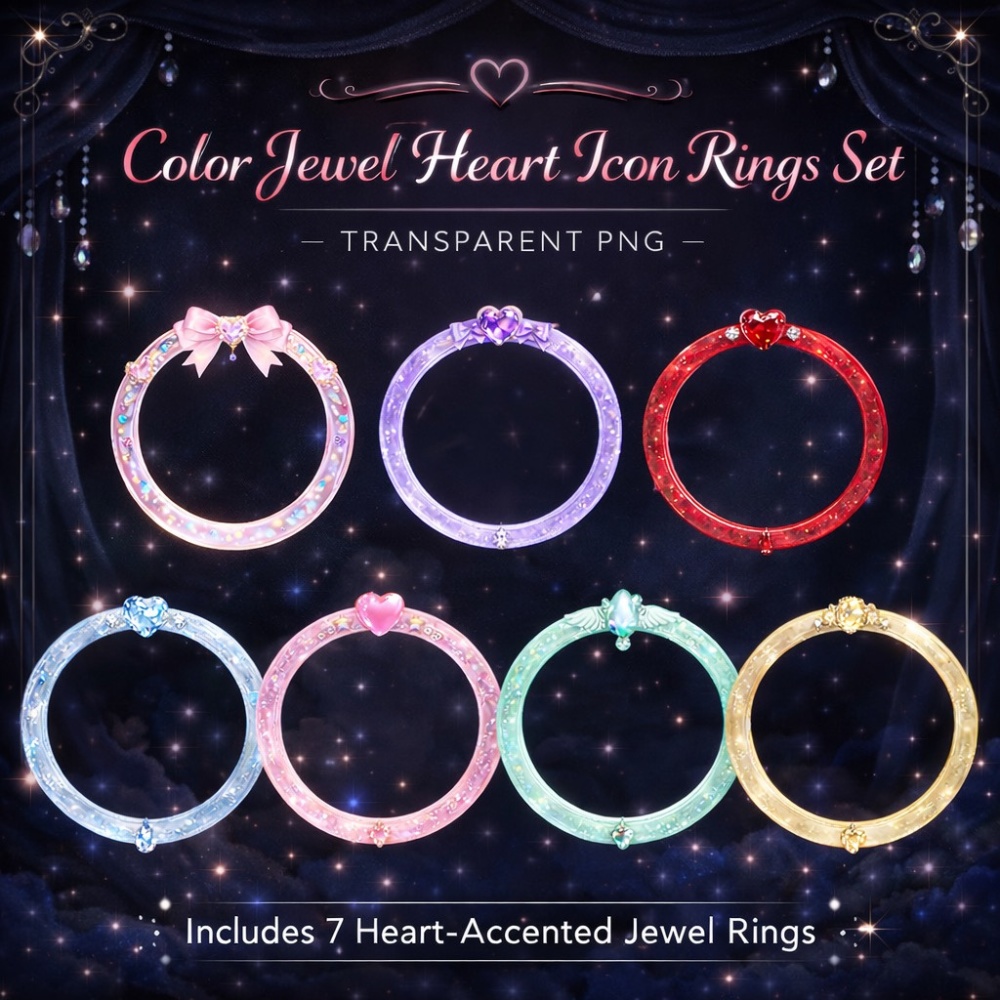 【アイコンリング】カラージュエルハートリング7点セット 透過PNG