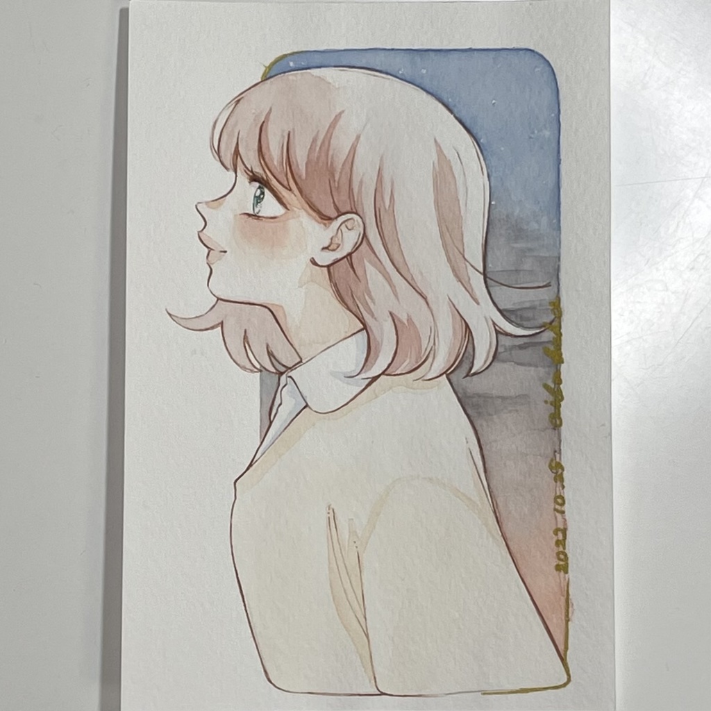 【透明水彩ハガキ原画】夕焼の少女