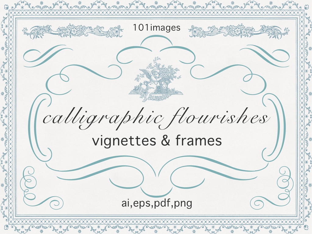 【ベクター】calligraphic flourishes カリグラフィフローリッシュと小さな挿絵とフレーム【png,ai,eps,pdf】