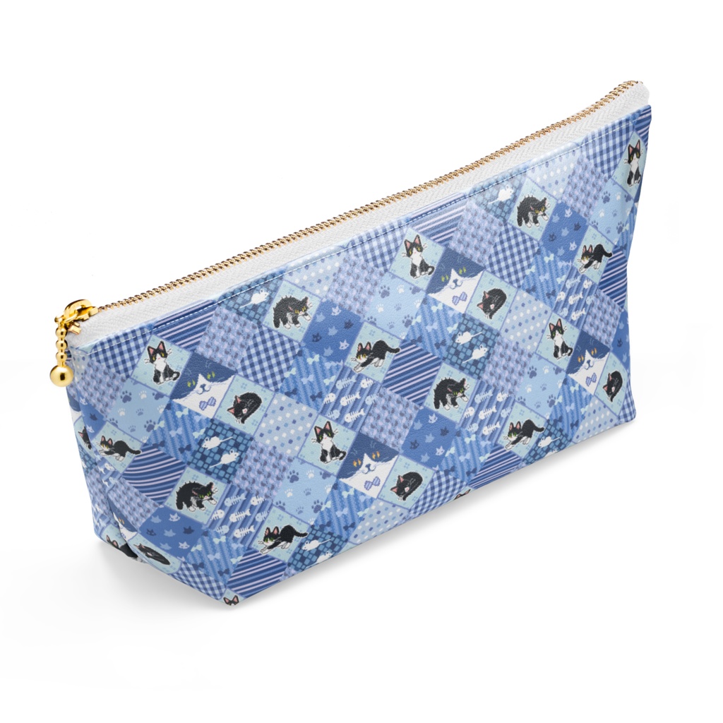 ぽちねこパッチワーク【ポーチ (ブルー) 】