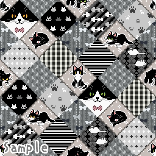 ぽちねこパッチワーク【手帳型iPhoneケース ベルト付き (ブラック) 】