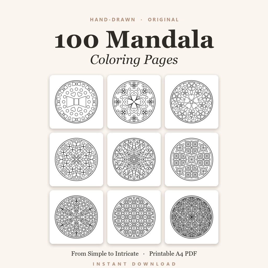 オリジナルマンダラ塗り絵 100柄セット【印刷用PDF・A4】大人のぬりえ／ヒーリング・マインドフルネス