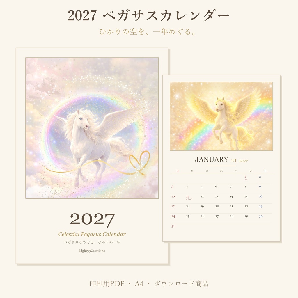 2027年 ペガサスカレンダー 月めくりA4【印刷用PDF・祝日入り・日曜/月曜始まり両方】