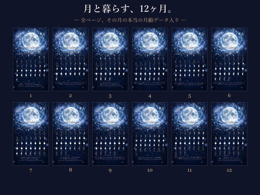 2027年 月齢カレンダー スマホ壁紙【雪月夜】毎日の月の満ち欠け・新月満月の日時入り/日曜・月曜始まり両方入り