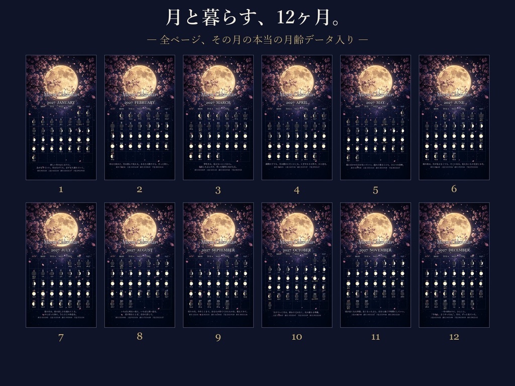 2027年 月齢カレンダー スマホ壁紙【桜月夜】毎日の月の満ち欠け・新月満月の日時入り/日曜・月曜始まり両方入り