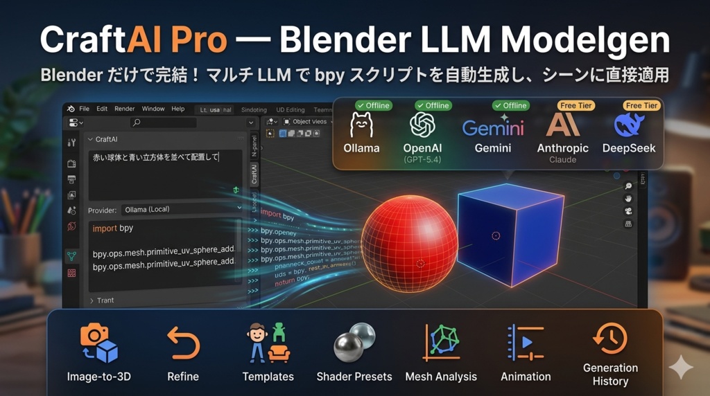 CraftAI Pro — Blender LLM Modelgen Blender だけで完結！マルチLLMで bpy スクリプトを自動生成し、シーンに直接適用するアドオン