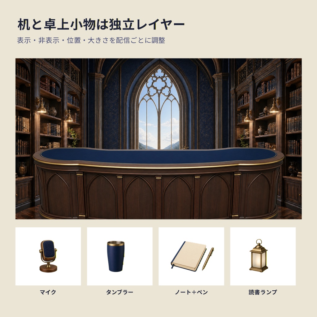 【VTuber向け・4K縦横対応】月夜の魔法図書館セット|昼夜背景・机・小物・配信UI