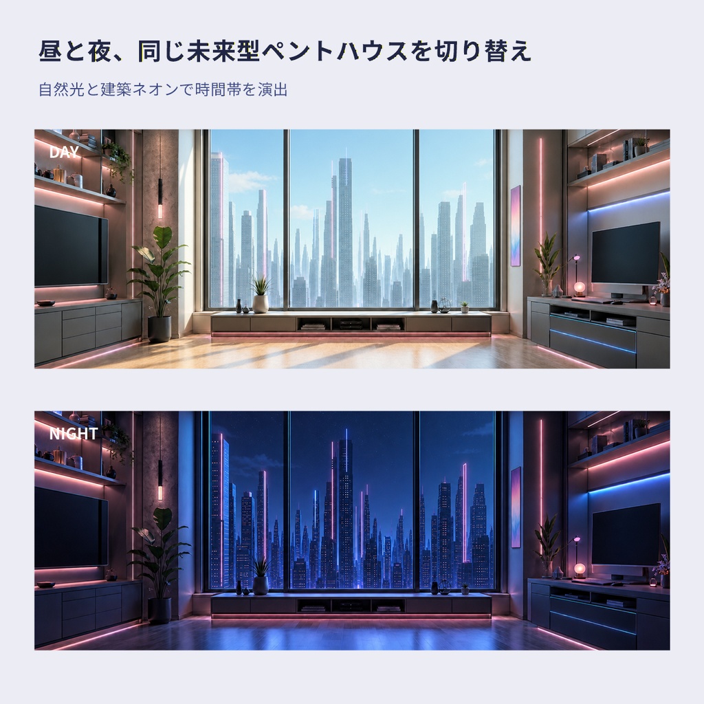 【VTuber向け・4K縦横対応】ネオン・サイバーペントハウスセット|昼夜背景・机・小物・配信UI
