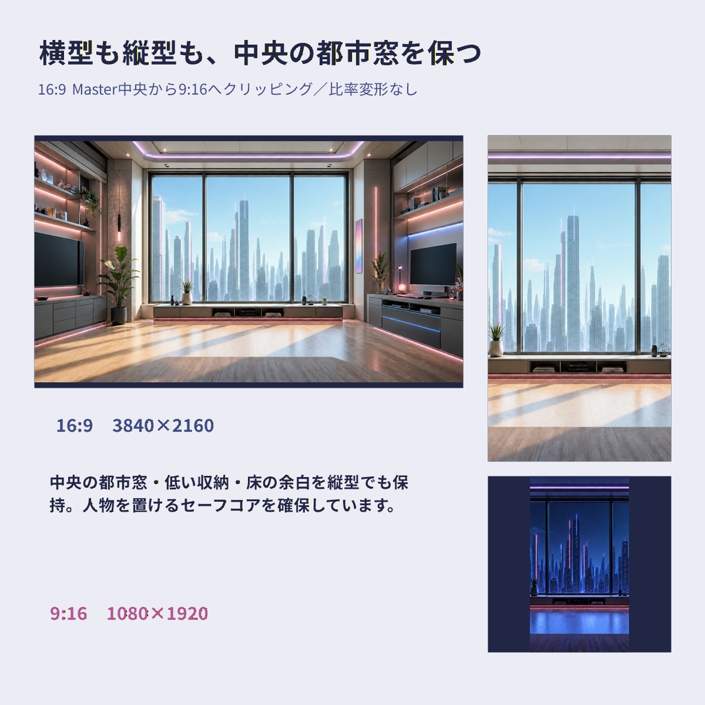 【VTuber向け・4K縦横対応】ネオン・サイバーペントハウスセット|昼夜背景・机・小物・配信UI